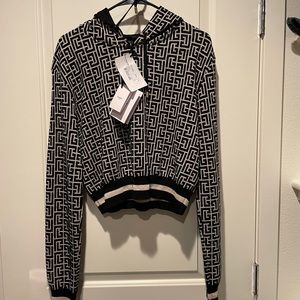 New BALMAIN cropped zipped monogram hoodie Ivory/black, 40EU